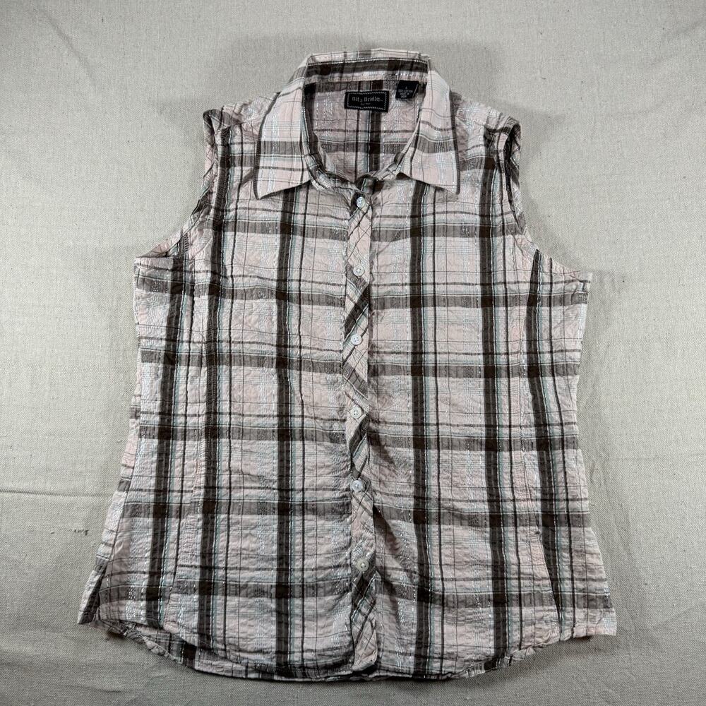Bit & Bridle Shirt Womens Large White Plaid Sleeveless Button Front Top Western